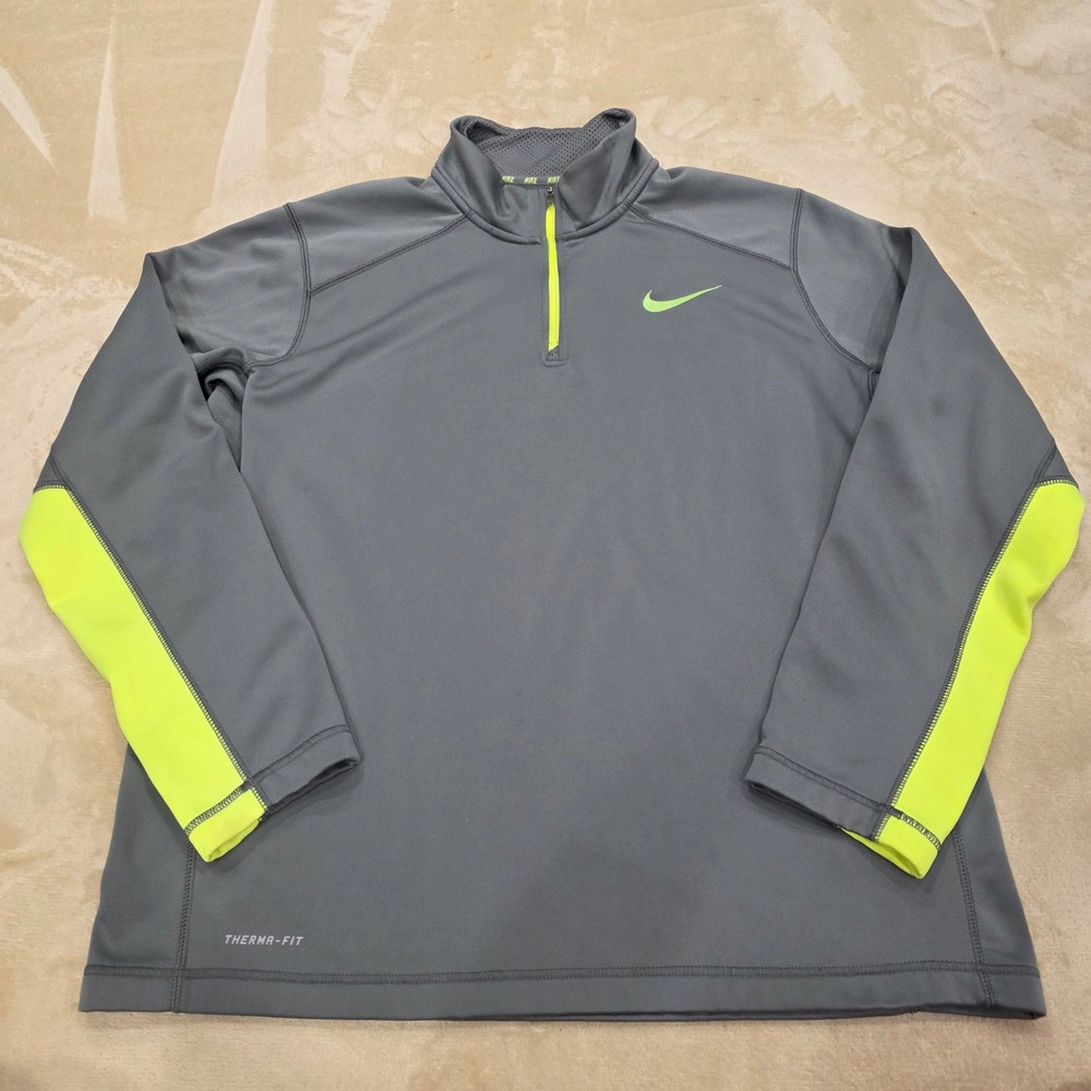 Nike Therma-FIT 1/4 Zip Pullover Gray Neon Yellow Mens Large L Fleece Sweater